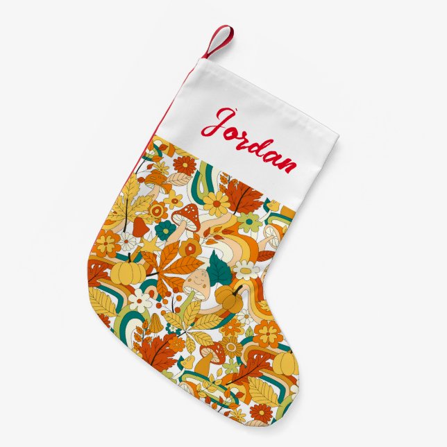 Retro Groovy Mushroom Flower Pattern Small Christmas Stocking (Front (Hanging))