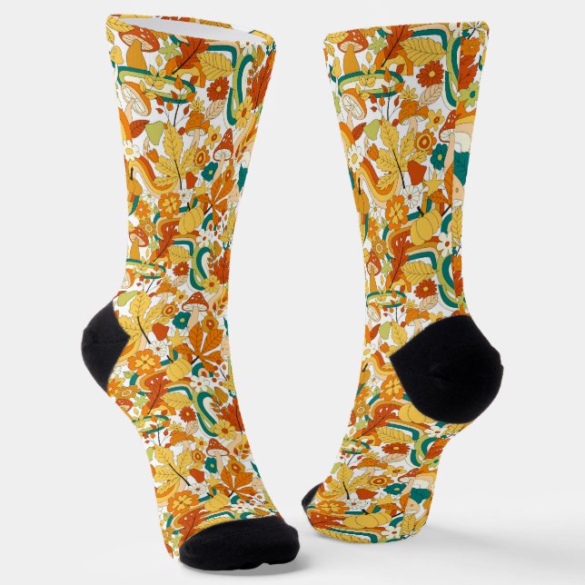 Retro Groovy Mushroom Flower Pattern Socks (Angled)
