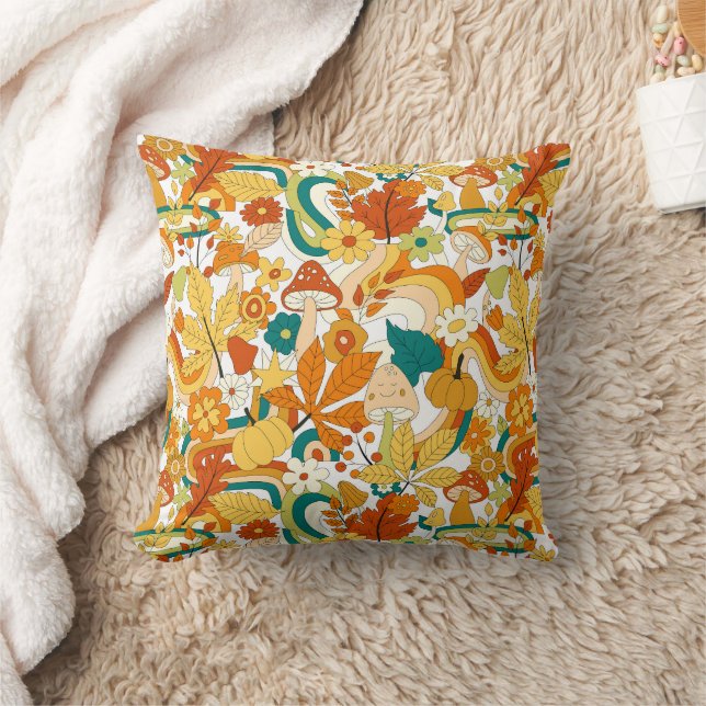 Retro Groovy Mushroom Flower Pattern Throw Pillow (Blanket)