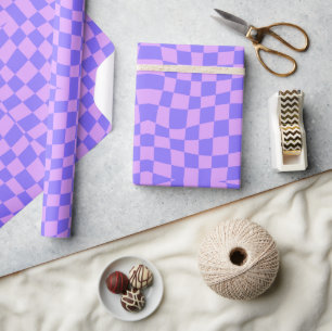 retro groovy neon purple wavy checkered wrapping paper