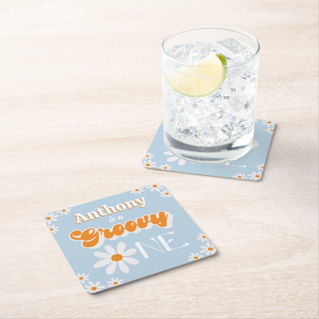 Retro Groovy One Boys 1st Birthday Square Paper Coaster (Insitu)