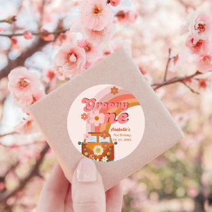 Retro Groovy one Daisy Flower Birthday Party Classic Round Sticker