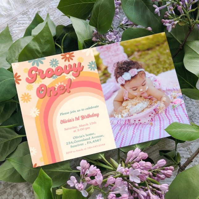 Retro groovy one daisy flower First birthday  Invitation (Creator Uploaded)