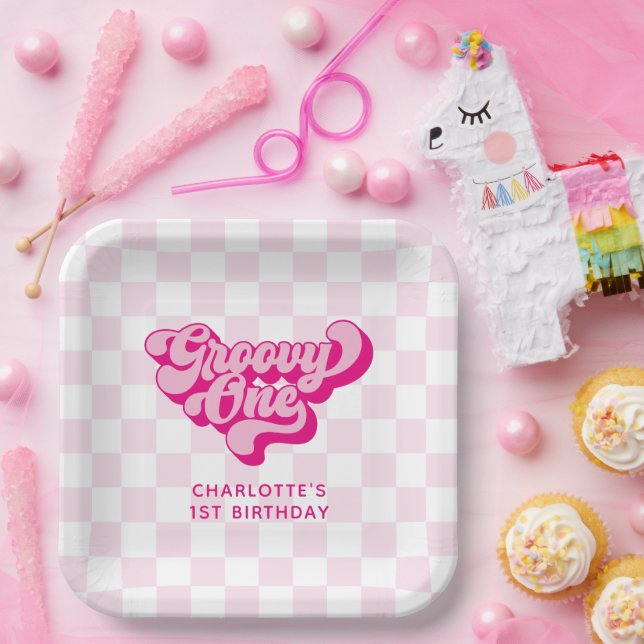 Retro Groovy One Pink and White Check Paper Plate (Party)