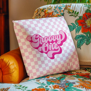 Retro Groovy One Pink and White Check Throw Pillow