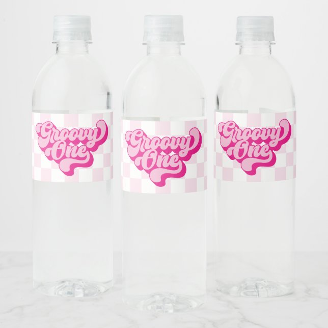 Retro Groovy One Pink and White Check Water Bottle Label (Bottles)