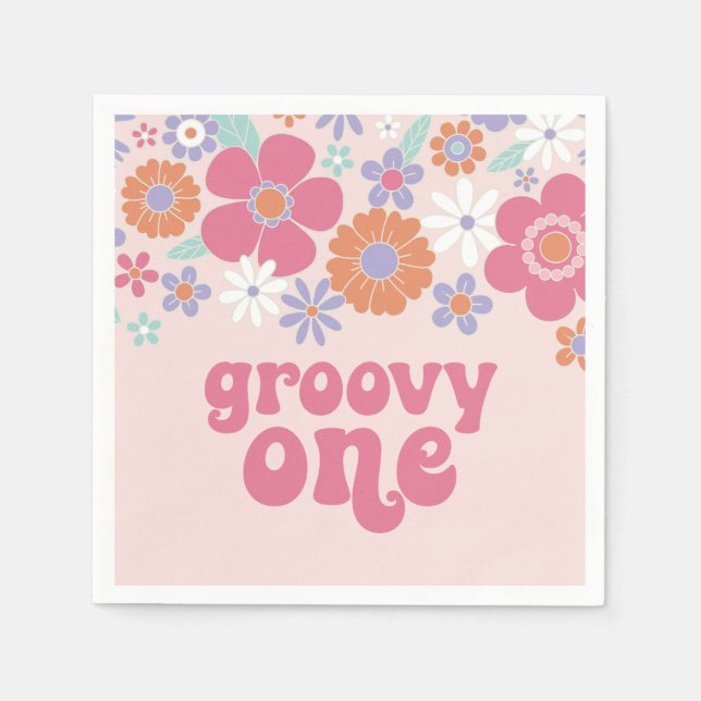 Retro Groovy One Pink Floral Napkin (Front)