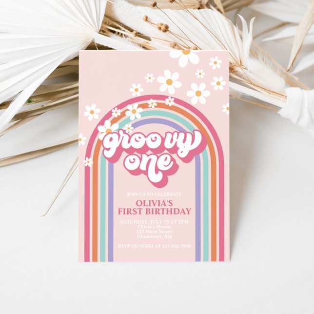 Retro Groovy One Rainbow Pink Invitation (Creator Uploaded)