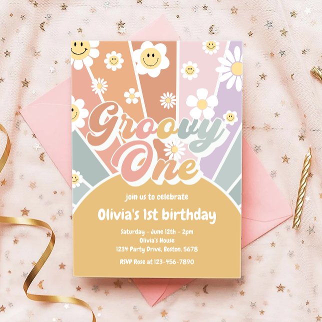 Retro Groovy One Sunshine Daisy Boho 1st Birthday Invitation (Creator Uploaded)