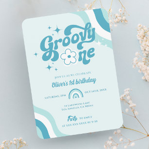 Retro Groovy One Wavy Boy 1st Birthday Invitation