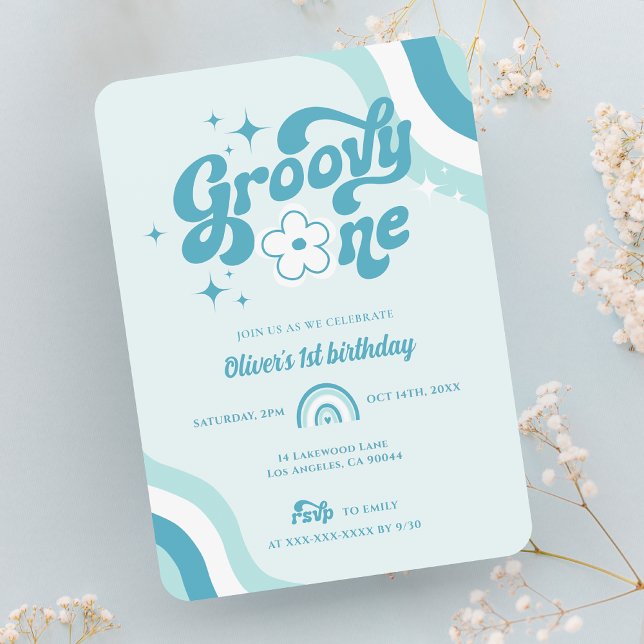 Retro Groovy One Wavy Boy 1st Birthday Invitation (Creator Uploaded)