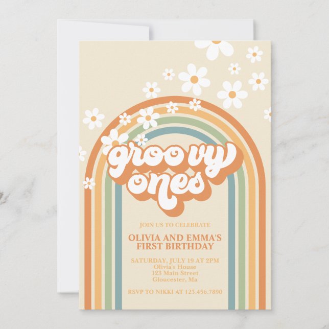 Retro Groovy Ones  Rainbow Twin Birthday Invitation (Front)