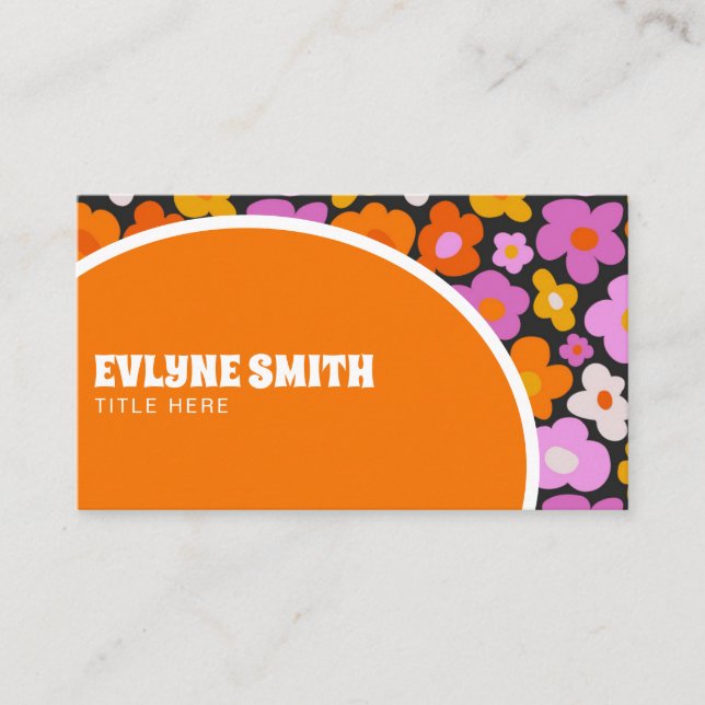 Retro Groovy Orange Colourful Floral Boho Unique Business Card (Front)