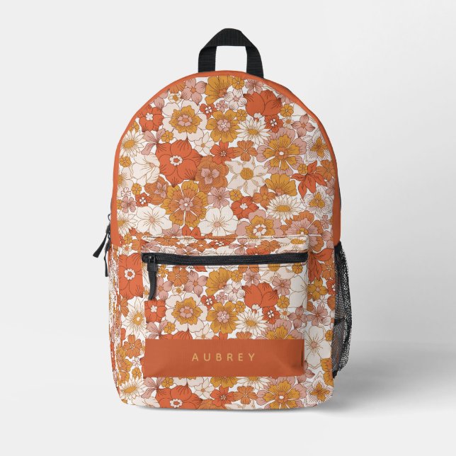 Retro Groovy Orange Floral Girl Printed Backpack (Front)