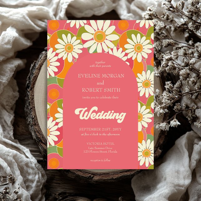 Retro groovy orange pink and white disies invitation (Retro groovy orange pink and green flowers wedding invitation)