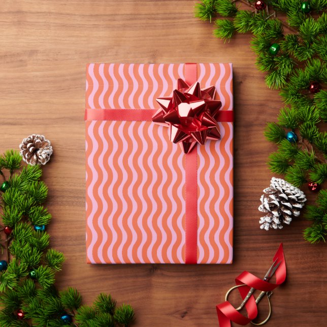 Retro Groovy Orange Pink Wavy Stripe  Wrapping Paper (Holiday Gift)