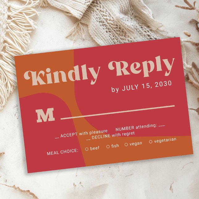 Retro groovy orange red bold typography wedding RSVP card (Creator Uploaded)