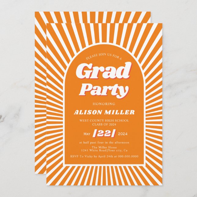 Retro groovy orange sunrays 70s Graduation Invitation (Front/Back)