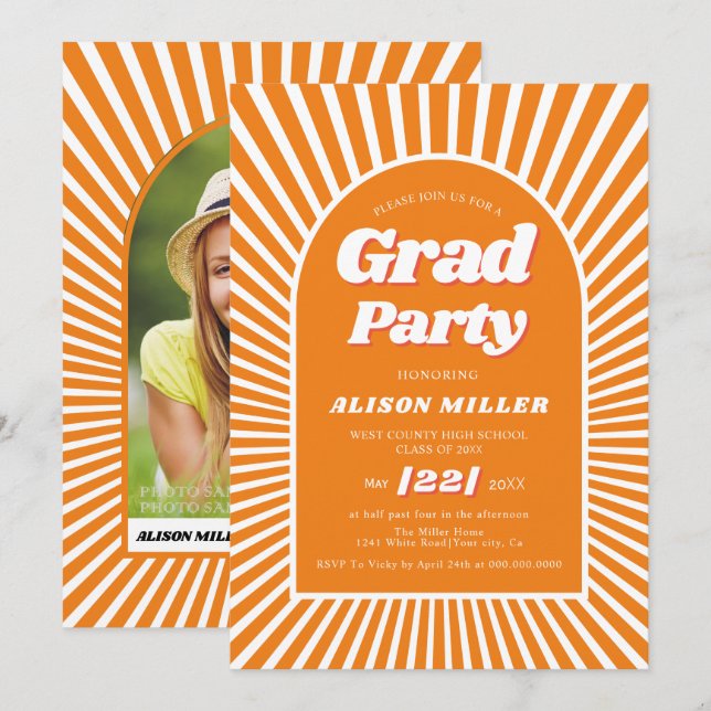 Retro groovy orange sunrays 70s Graduation Invitation (Front/Back)