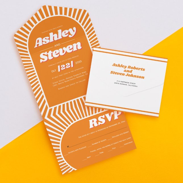 Retro groovy orange sunrays 70s inspired wedding all in one invitation (Creator Uploaded)