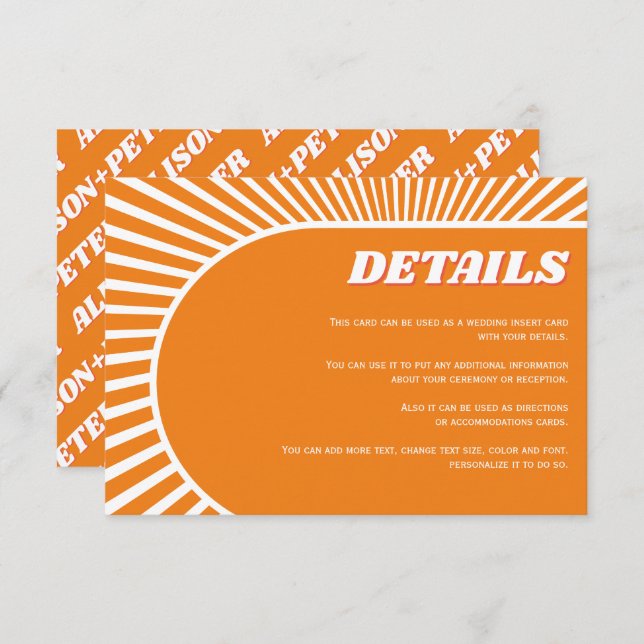 Retro groovy orange sunrays 70s inspired wedding enclosure card (Front/Back)