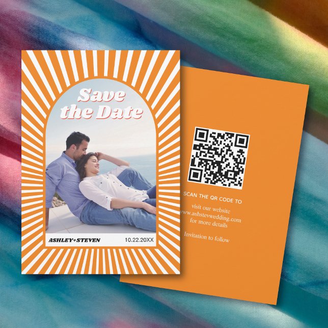 Retro groovy orange sunrays 70s inspired wedding save the date (Creator Uploaded)