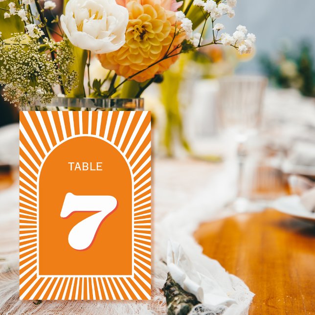Retro groovy orange sunrays 70s inspired wedding table number (Creator Uploaded)