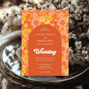 Retro groovy orange yellow and pink flowers invitation