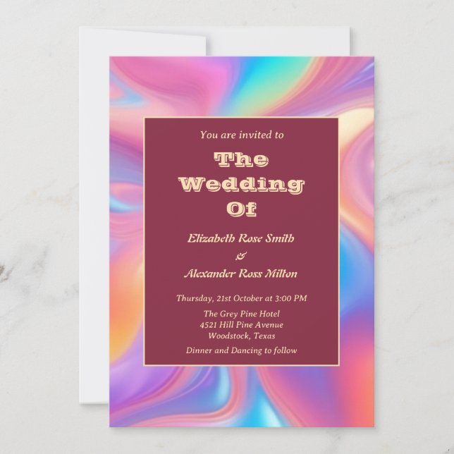 Retro groovy pastel abstract waves wedding invitation (Front)