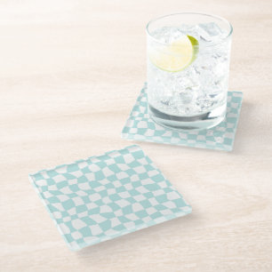 Retro Groovy Pastel Blue White Checks Chequered    Glass Coaster