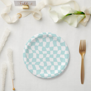 Retro Groovy Pastel Blue White Checks Chequered    Paper Plate