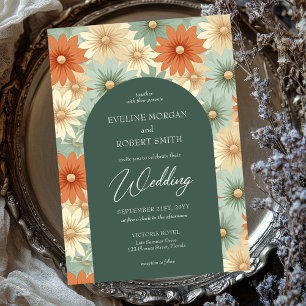 Retro groovy pastel colours flowers boho arch invitation