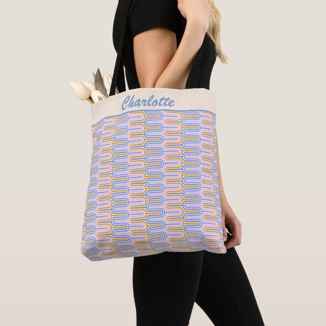 Retro Groovy Pastel Lines Pattern Personalized Tote Bag (Close Up)