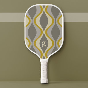retro groovy pattern - monogram - gold taupe pickleball paddle