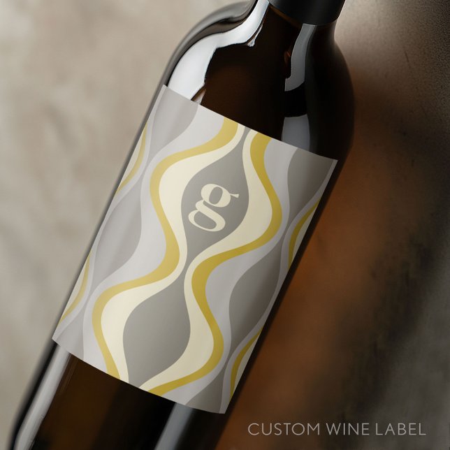 retro groovy pattern - monogram - gold taupe wine label (Custom Wine Bottle Label - Personalize a Sticker for a fun gift or memento)