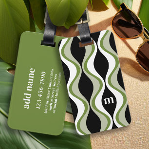 retro groovy pattern - monogram - olive black luggage tag