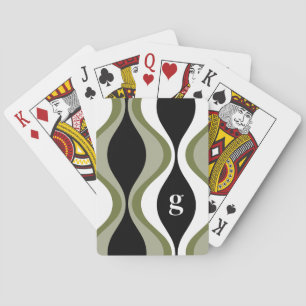 retro groovy pattern - monogram - olive black playing cards