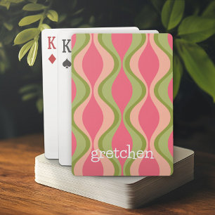 retro groovy pattern - monogram - olive pink playing cards