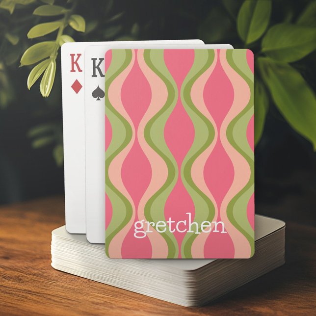 retro groovy pattern - monogram - olive pink playing cards (Personalized playing cards)