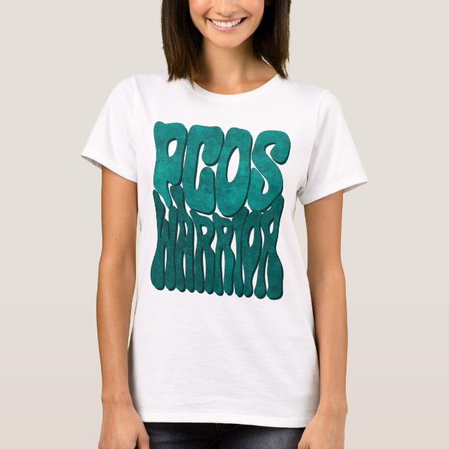 Retro Groovy PCOS WARRIOR Teal Ribbon Awareness T-Shirt (Front)
