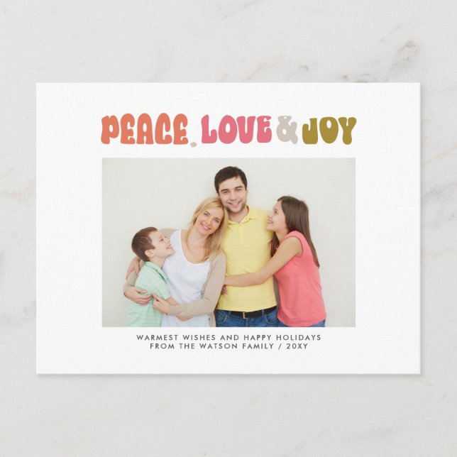 Retro Groovy Peace Love Joy Typography Photo Holiday Postcard (Front)