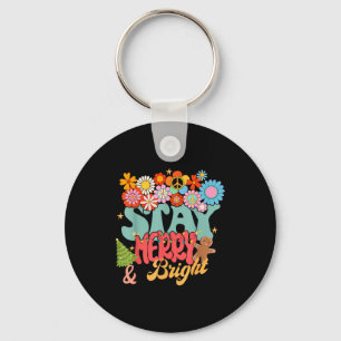 Retro Groovy Peace Stay Christmas Merry Bright Hip Keychain