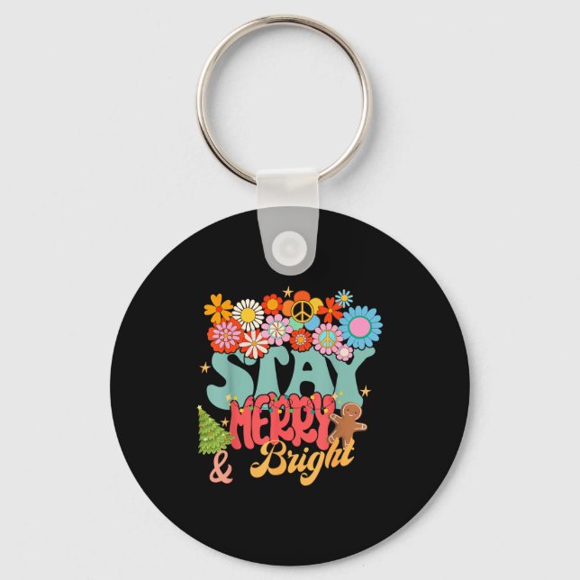 Retro Groovy Peace Stay Christmas Merry Bright Hip Keychain (Front)