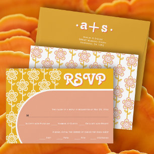 Retro groovy peach and yellow 70s wedding RSVP Card