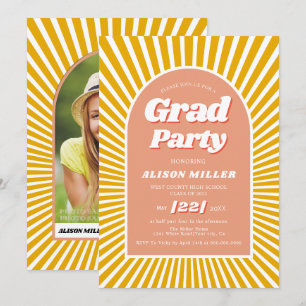 Retro groovy peach yellow sunrays 70s Graduation Invitation