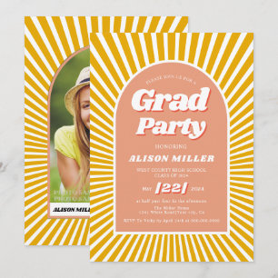 Retro groovy peach yellow sunrays 70s Graduation Invitation