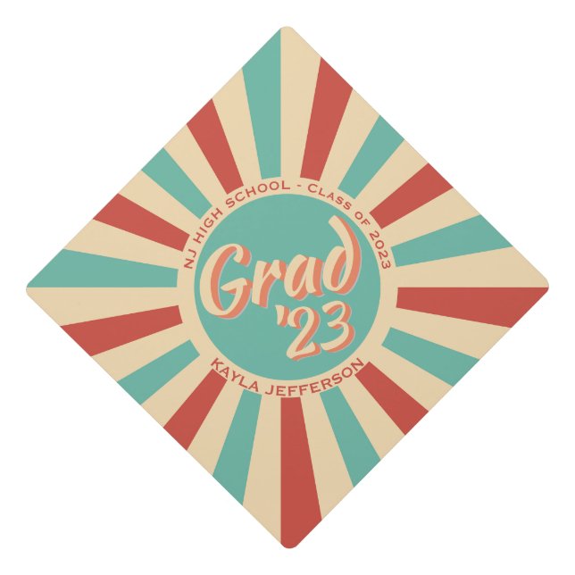 Retro Groovy Peachy Grad Class of 2023 Custom Name Graduation Cap Topper (Front)