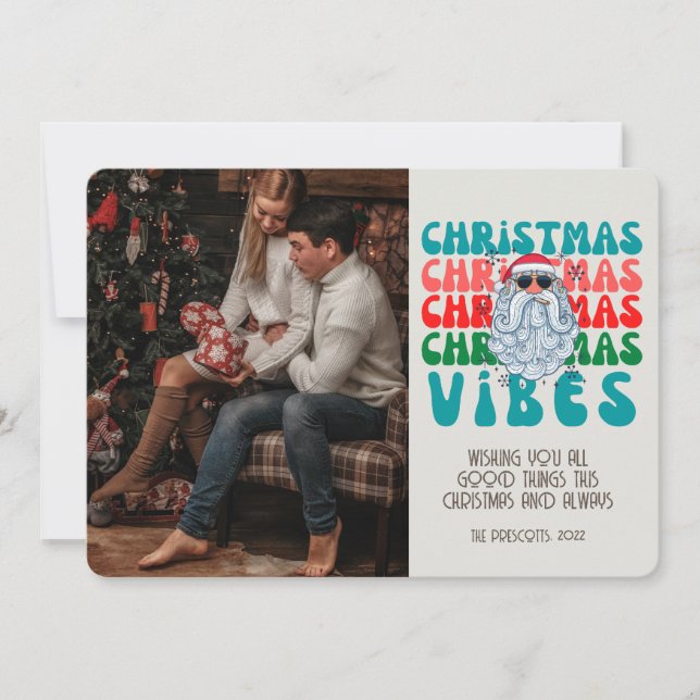 Retro Groovy Photo Christmas Vibes Santa Card (Front)