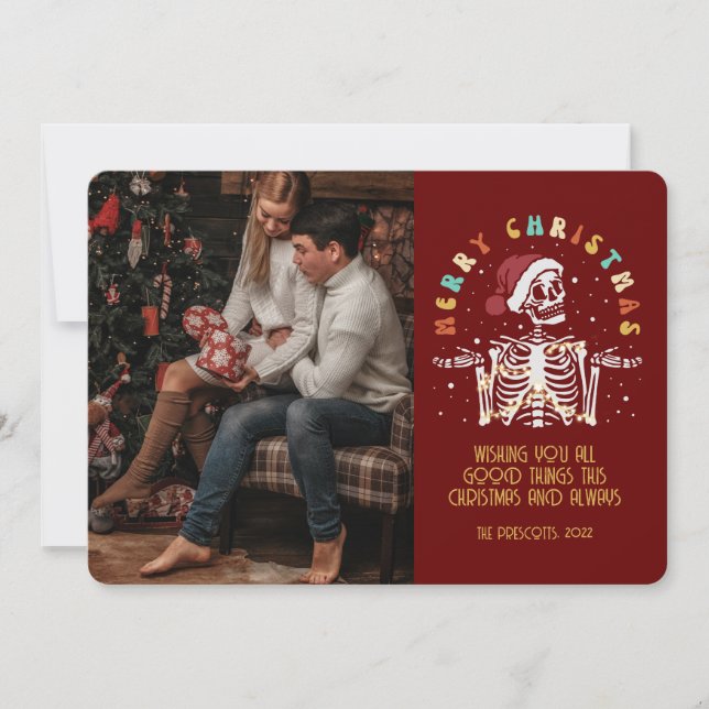 Retro Groovy Photo Merry Christmas Skeleton Card (Front)