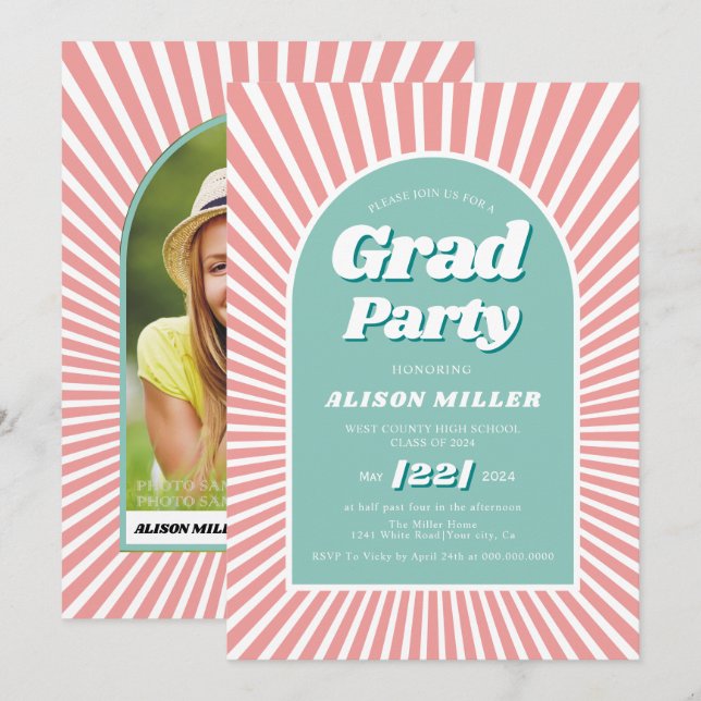 Retro groovy pink and aqua sunrays 70s Graduation Invitation (Front/Back)